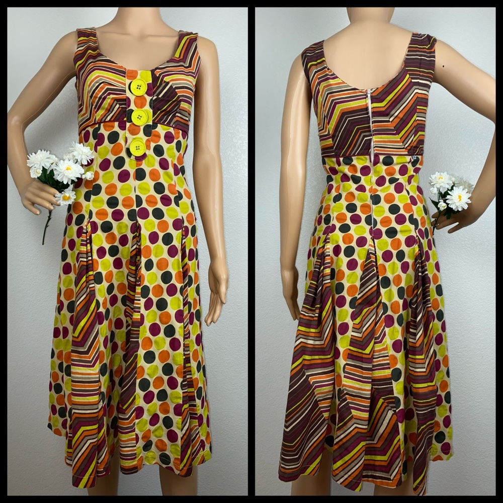 Anne Elisabeth Polka Dot Stripe Midi Dress Paris